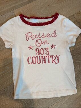 Mighty Fine White Tee with Red Graphic and Red Lace Trim